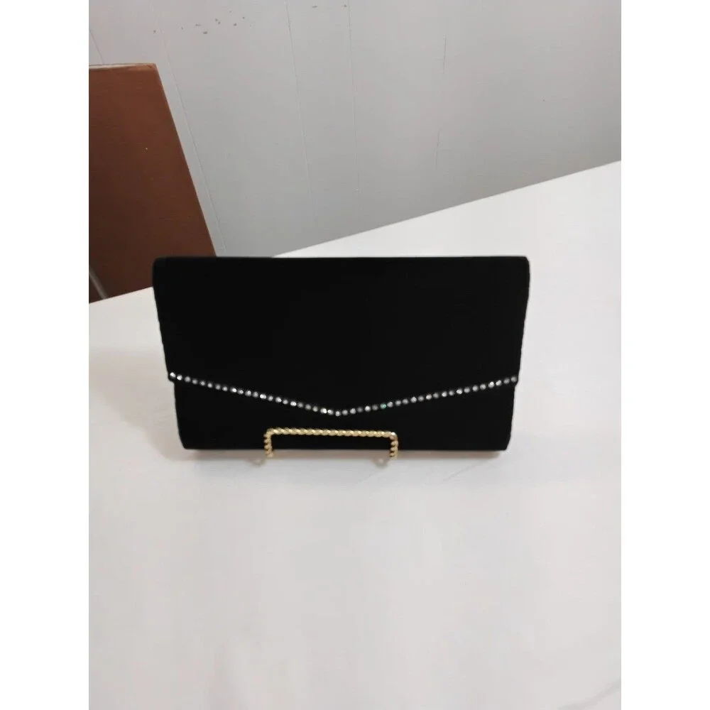 Black Velvet Evening Clutch Purse Satin Trim Corded Strap with Rhinestone trim